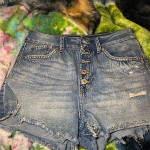 Ami Blue Jean Shorts with Frayed Hem and Distressed Look